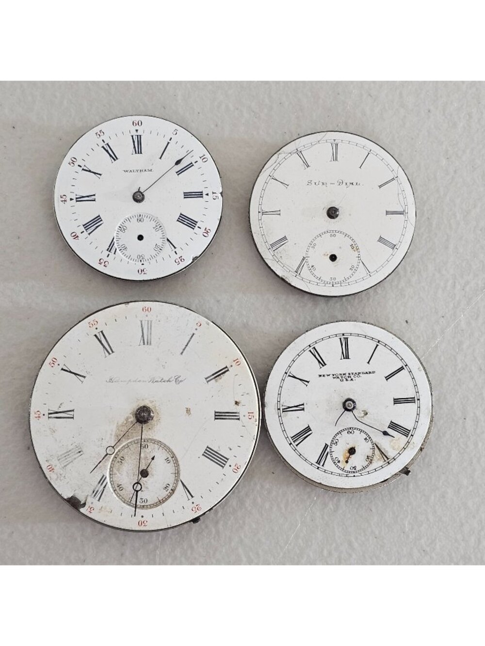 Lot of 4 American Pocket Watch Movements For Parts Waltham Hampden SunDial NY